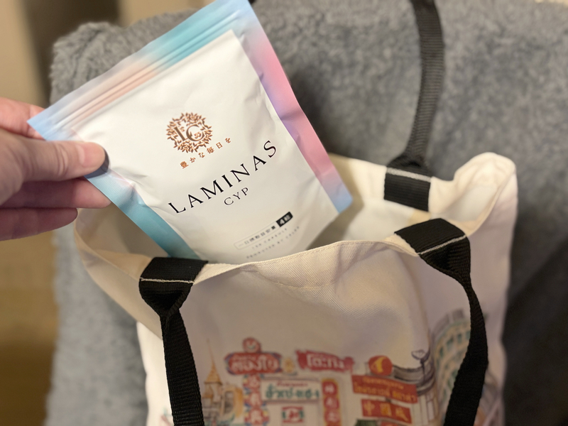 コンパクトなLAMINAS CYP（ラミナスCYP）のパウチ袋をトートバッグの隙間に収納する様子