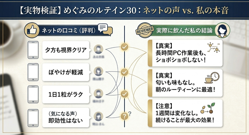 めぐみのルテイン30のネット上のリアルな口コミ評判と実際の体験談の比較検証図解